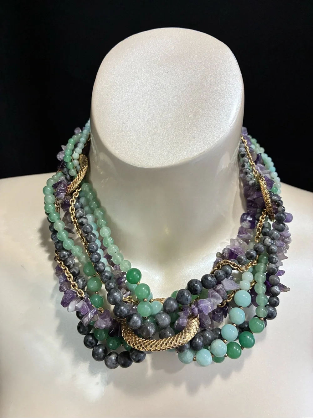 VTG CAROLEE LUX Multi-Strand Amethyst GR Aventurine  Necklace with Gold Accents